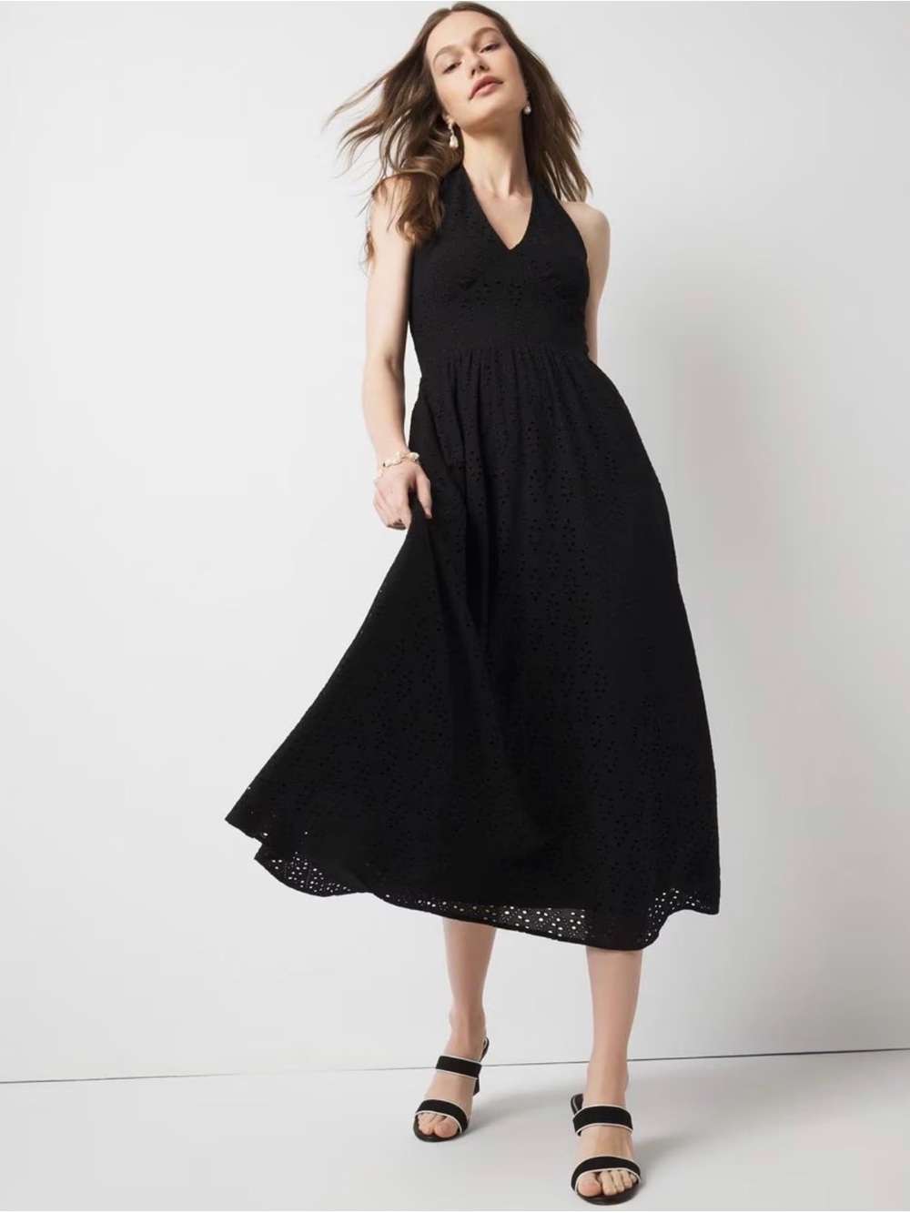 White House Black Market Black Eyelet Halter Midi Dress